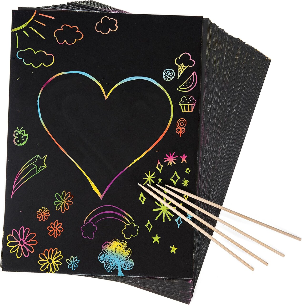 50-Piece Rainbow Scratch Paper Set for Kids – Jumbo 7.5x10” Sheets with 4 Wooden Styluses – Fun DIY Scratch Art for Holidays, Parties & Crafts